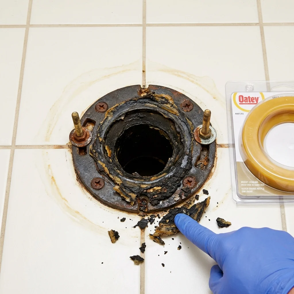 Failed wax ring showing water seepage at the base of a toilet in a Luxora, AR home