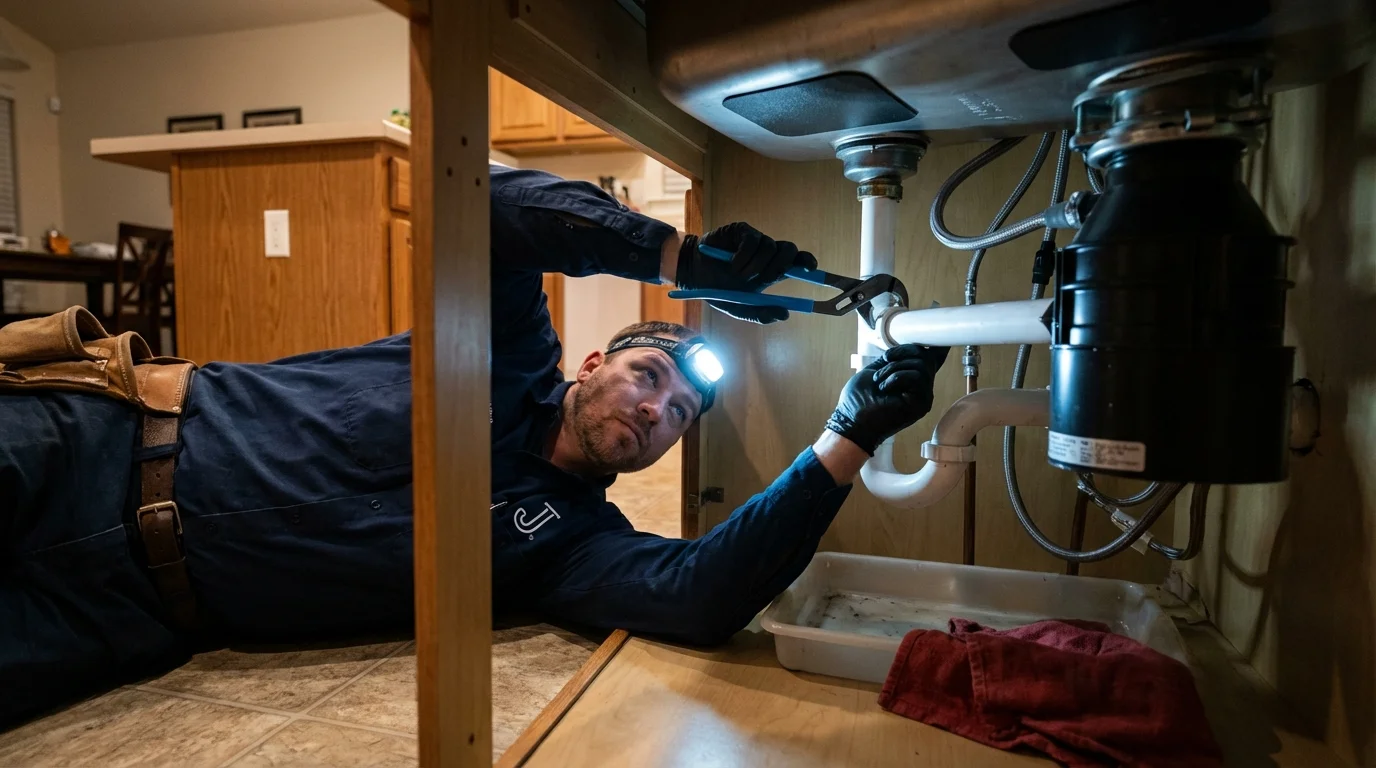 P-trap and supply line connections under a kitchen sink showing a common leak point in Luxora, AR